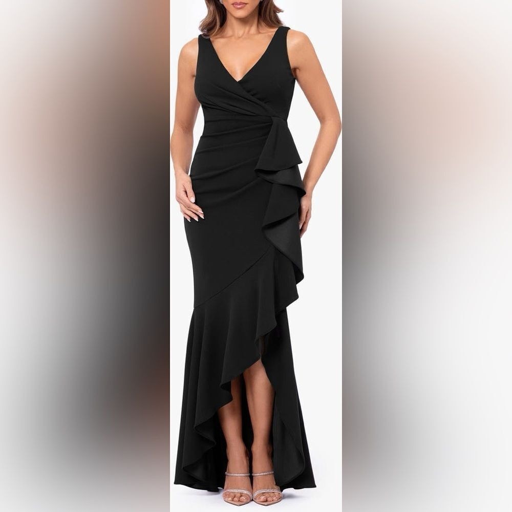 Betsy & Adam Cascade Ruffle‎ High-Low V-Neck Gown Navy Blue Size 4 NWT